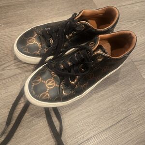 Womens Versace sneakers, black and bronze with white sole, laces, used.